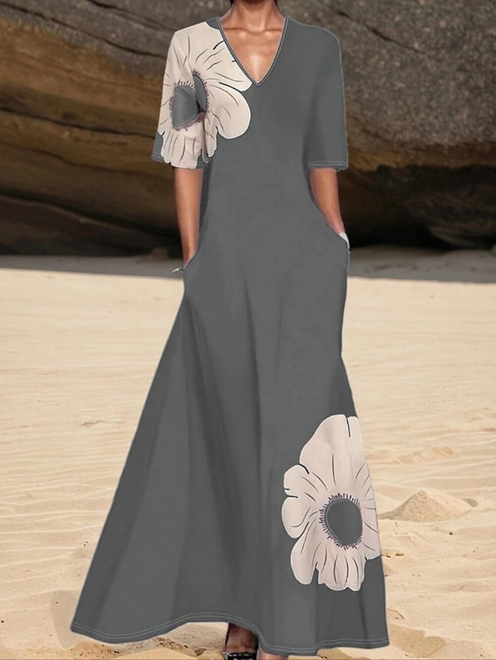 Women's Gray Maxi Dress with Floral Accent